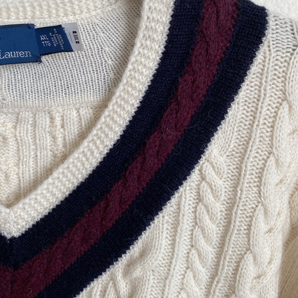 New!🍁Polo Ralph Lauren Cable Knit Alpaca Wool V-Neck Jumper Varsity Sweater XXL - Picture 14 of 15